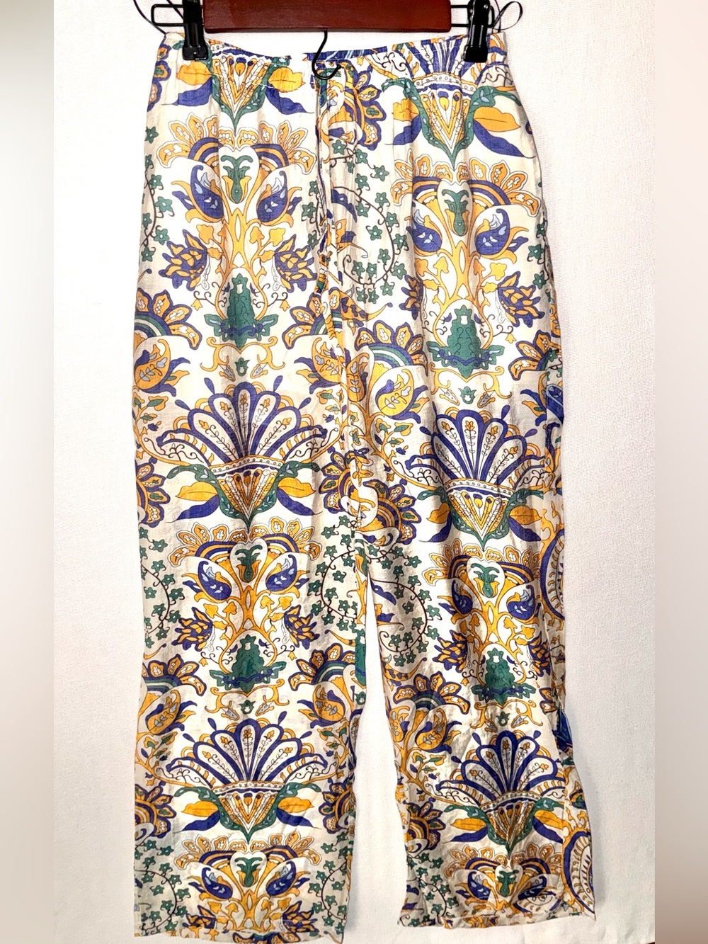 NEW Wide Leg Floral Paisley Print Pants - White/Yellow/Blue/Green